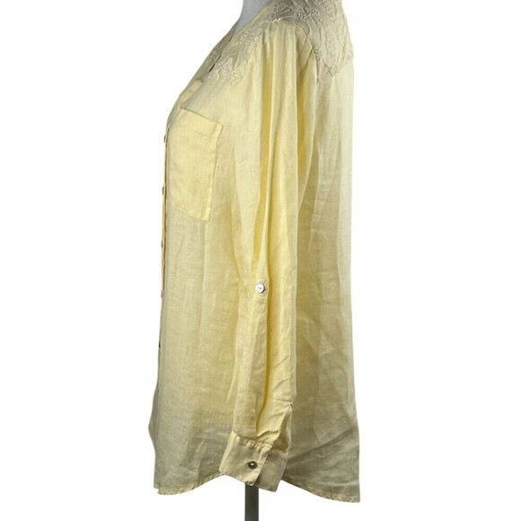 Chicos Womens Top 0 Small Yellow Linen 3/4 Roll Up Sleeve Embroidered Boho - Picture 3 of 9